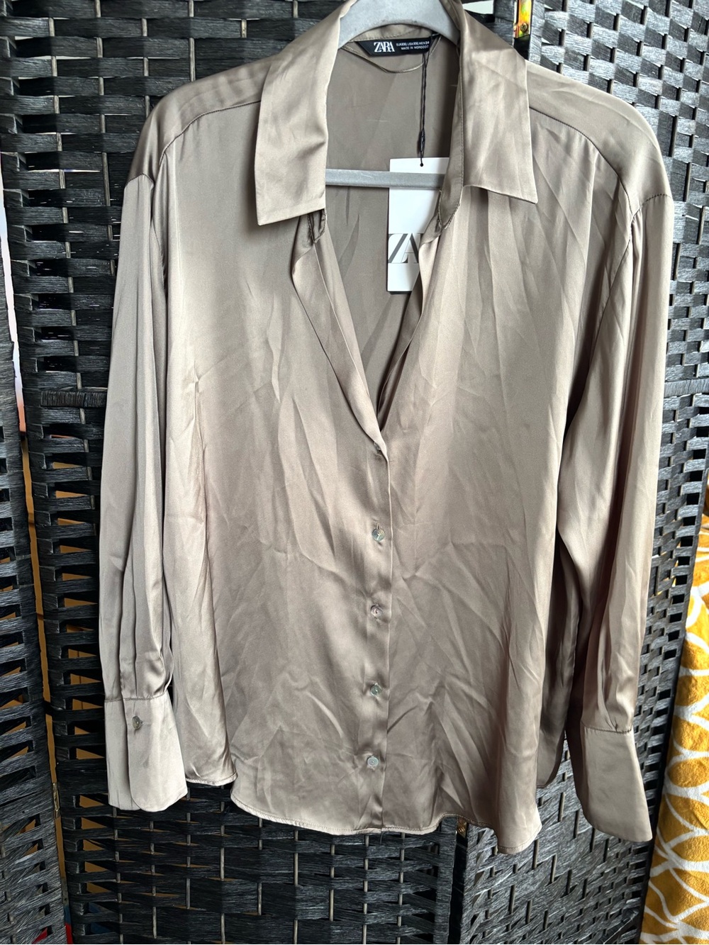 Zara Satin Button-Down Blouse in Taupe